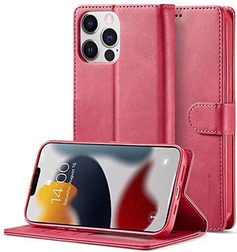 Schutzhülle für iPhone 13/13 Mini/13 Pro/13 Pro Max, Premium Wallet Case Leder Flip Cover mit TPU-Innenschale, bequemer Griff Kartenfächer Kickstand （Rot，13 mini 5.4" von HBYLEE