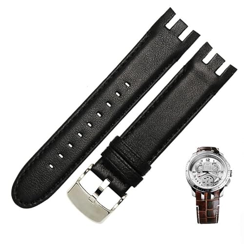 Uhrenarmband aus echtem Leder für Swatch YRS403 412 402G, 21 mm, Uhrenarmband für Herren, gebogenes Ende（Farbe: Schwarz，21 mm) von HBYLEE