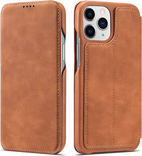 Wallet Case für iPhone 13Mini/13/13 Pro/13 Pro Max, Echtleder Folio Case Kartenfächer Magnetverschluss TPU Stoßfest Kickstand Flip Cover （Braun，13 6.1" von HBYLEE