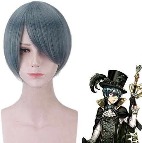 Wig Anime Cosplay Anime Black Butler Ciel Phantomhive Cosplay-Perücke, graues Kunsthaar, Kuroshitsuji-Cosplay-Perücken mit Pferdeschwänzen, Einheitsgröße, Kuroshitsuji-Perücke + Kappe Kurosh[Black] von HBYLEE