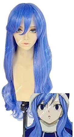 Wig Anime Cosplay Fairy Tail Juvia Lockser Rainmädchen Blaue lockige Hochtemperaturfaser Synthetische Haarparty Cosplay Full Perücken von HBYLEE