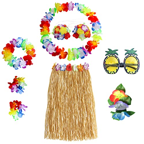 8-teiliges hawaiianisches Hula-Rock-Kostüm-Set, hawaiianischer Grasrock, Hawaii-Leis, Blumen-Bikini-Oberteil, Ananas-Brille für Erwachsene, Sommerstrand, tropische Party-Dekorationen (Strohfarbe) von HBell