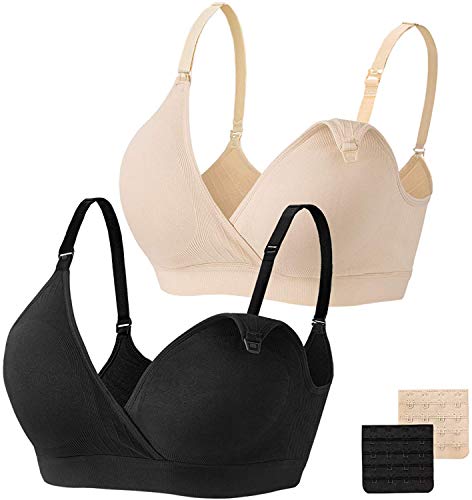 HBselect 2 Pcs Schwangerschafts Still BH Nahtloser Still-BH mit zusätzlichen BH-Verlängerungen Stillen und Schlaf Ohne Bügel für Damen (Schwarz Beige, XL) von HBselect