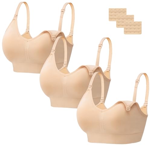 HBselect 3 Pcs Schwangerschafts Still BH Nahtlos mit zusätzlichen BH-Verlängerungen Stillen und Schlaf Ohne Bügel für Damen Beige * 3 L von HBselect