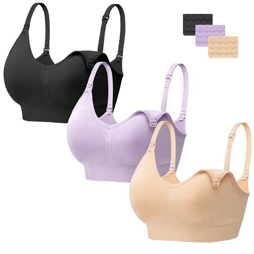 HBselect 3 Pcs Schwangerschafts Still BH Nahtlos mit zusätzlichen BH-Verlängerungen Stillen und Schlaf Ohne Bügel für Damen Schwarz Beige Violett L von HBselect