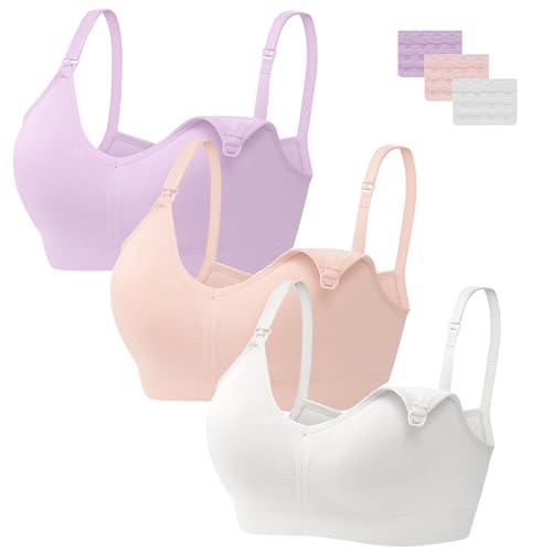 HBselect 3 Pcs Schwangerschafts Still BH Nahtlos mit zusätzlichen BH-Verlängerungen Stillen und Schlaf Ohne Bügel für Damen Weiß Rosa Violett M von HBselect