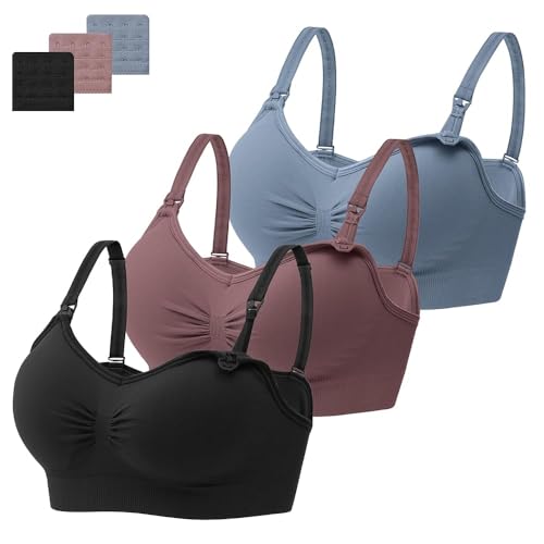 HBselect 3 Pcs Schwangerschafts Still BH Nahtloser Still-BH mit zusätzlichen BH-Verlängerungen Stillen und Schlaf Ohne Bügel für Damen Schwarz Blaurot Graublau M von HBselect