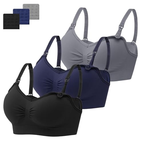 HBselect 3 Pcs Schwangerschafts Still BH Nahtloser Still-BH mit zusätzlichen BH-Verlängerungen Stillen und Schlaf Ohne Bügel für Damen Schwarz Dunkelgrau Marineblau M von HBselect