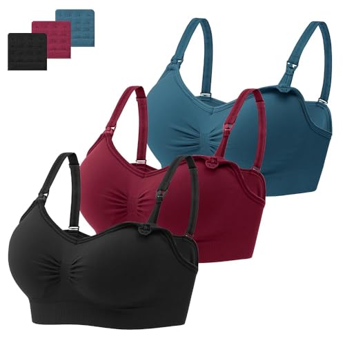 HBselect 3 Pcs Schwangerschafts Still BH Nahtloser Still-BH mit zusätzlichen BH-Verlängerungen Stillen und Schlaf Ohne Bügel für Damen Schwarz Weinrot Dunkelgrün M von HBselect