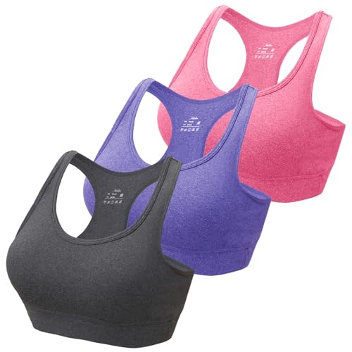 HBselect 3stk Sport BH Bustier Damen Bralette Nathloser mit Polstern Sportbekleidung Baumwolle ohne Bügel atmungsaktiv Joggen Yoga Jumping Fitness Grau Rosa Lila M von HBselect