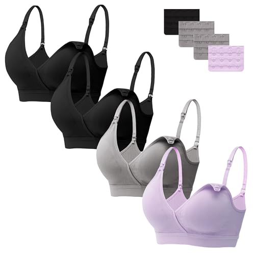 HBselect 4 Pcs Schwangerschafts Still BH Nahtloser Still-BH mit zusätzlichen BH-Verlängerungen Stillen und Schlaf Ohne Bügel für Damen Schwarz*2 Grau Violett L von HBselect