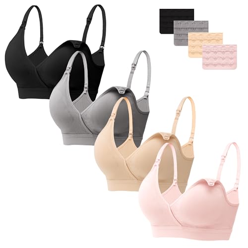 HBselect 4 Pcs Schwangerschafts Still BH Nahtloser Still-BH mit zusätzlichen BH-Verlängerungen Stillen und Schlaf Ohne Bügel für Damen Schwarz Blau Beige Rosa L von HBselect