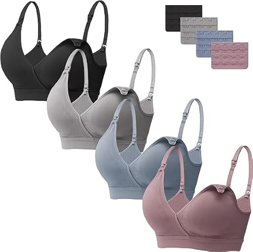 HBselect 4 Pcs Schwangerschafts Still BH Nahtloser Still-BH mit zusätzlichen BH-Verlängerungen Stillen und Schlaf Ohne Bügel für Damen Schwarz Grau Blau Blaurot L von HBselect