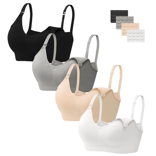 HBselect 4 Pcs Schwangerschafts Still BH Nahtloser Still-BH mit zusätzlichen BH-Verlängerungen Stillen und Schlaf Ohne Bügel für Damen Schwarz Grau Weiß Beige L von HBselect