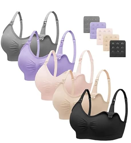 HBselect 5 Pcs Schwangerschafts Still BH Nahtloser Still-BH mit zusätzlichen BH-Verlängerungen Stillen und Schlaf Ohne Bügel für Damen Schwarz Grau Beige Hellrosa Violett von HBselect