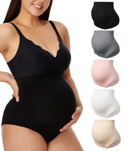 HBselect 5er Damen Umstandsmode Hohe Taille Unterwäsche Schwangerschaft Nahtlos Weich Hipster Überbauch Umstandsslip-Schwangerschaftsslip A:Schwarze Beige Grau Rosa Weiß L von HBselect