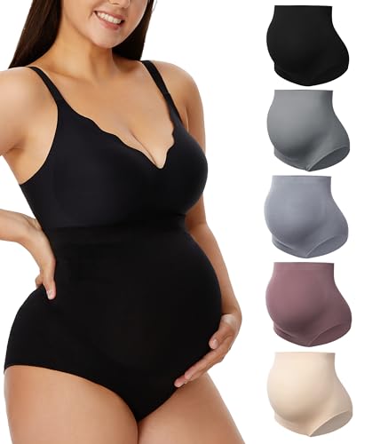 HBselect 5er Damen Umstandsmode Hohe Taille Unterwäsche Schwangerschaft Nahtlos Weich Hipster Überbauch Umstandsslip-Schwangerschaftsslip B:Schwarze Beige Grau Blau Blaurot L von HBselect