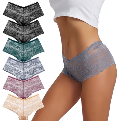 HBselect 6er Pack Spitze Unterwäsche Unterhosen Damen Sexy Unterwäsche für Frau Weiche und Bequem Slip Nahtlos Hipster Spitzenhöschen Panties Mehrpack von HBselect