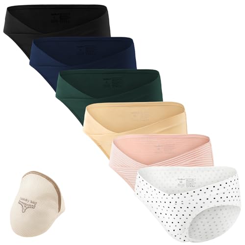 HBselect 6er Unterhosen Damen für Schwangere Unterwäsche Höschen Schwangerschaft Postpartum Slip Damen M Dunkel, Tupfen und Streifen von HBselect