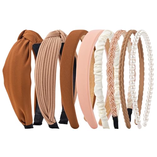 HBselect 8 Stück Haarreifen Set Damen Stirnband-Set Satin Perle Breit Stirnbänder für Damen und Mädchen Haarband Headbands Brown von HBselect