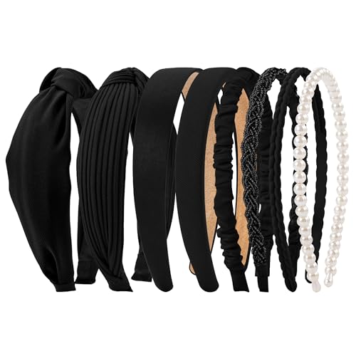 HBselect 8 Stück Haarreifen Set Damen Stirnband-Set Satin Perle Breit Stirnbänder für Damen und Mädchen Haarband Headbands Schwarz von HBselect