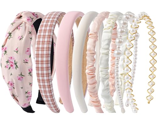 HBselect 8 Stück Haarreifen Set Damen Stirnband-Set Satin Perle Breit Stirnbänder für Damen und Mädchen Haarband Headbands Rosa von HBselect