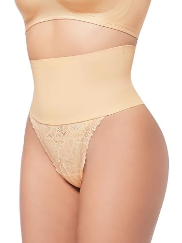 HBselect Shapewear Damen Bauchweg Unterhose, Spitze Miederhose Tanga Unterwäsche String Miederslip Figurformende Hoher Taille Miederpants Unterbauch Kontrolle Beige von HBselect