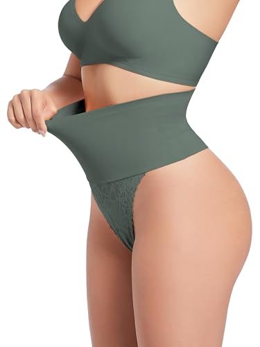 HBselect Shapewear Damen Bauchweg Unterhose, Spitze Miederhose Tanga Unterwäsche String Miederslip Figurformende Hoher Taille Miederpants Unterbauch Kontrolle Grün von HBselect