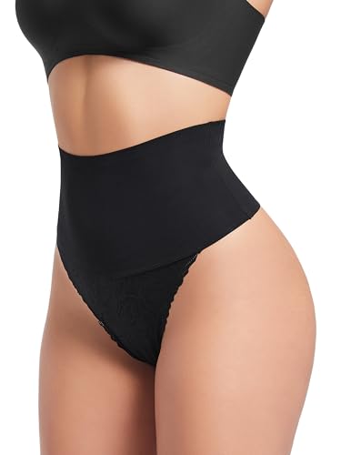 HBselect Shapewear Damen Bauchweg Unterhose, Spitze Miederhose Tanga Unterwäsche String Miederslip Figurformende Hoher Taille Miederpants Unterbauch Kontrolle Schwarz von HBselect