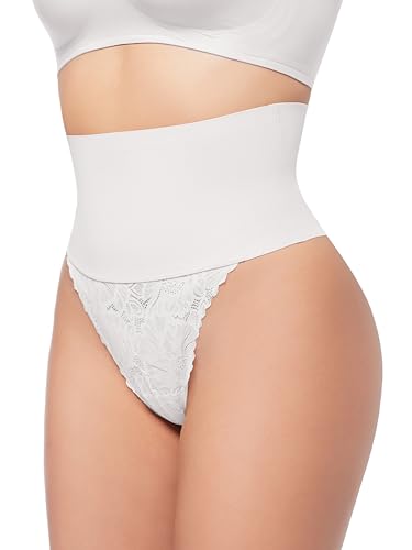 HBselect Shapewear Damen Bauchweg Unterhose, Spitze Miederhose Tanga Unterwäsche String Miederslip Figurformende Hoher Taille Miederpants Unterbauch Kontrolle Weiß von HBselect