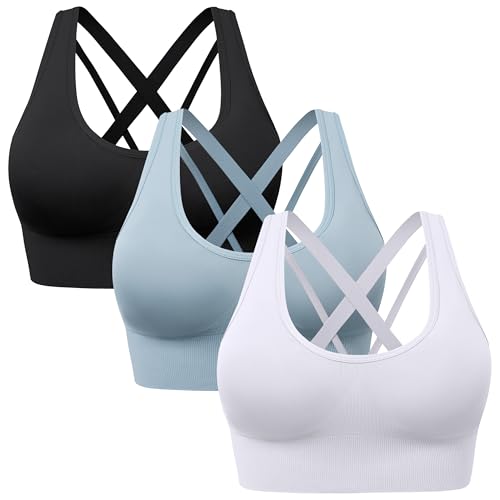 HBselect Sport BH Damen Starker Halt Träger Gekreuzt Rücken Große für Fitness Lauf Yoga Gepolstert Bustier Cross Back Push up BH S Schwarz Blau Weiß von HBselect