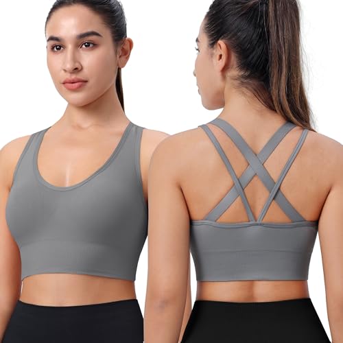 HBselect Sport BH Damen Starker Halt Träger Gekreuzt Rücken Große für Fitness Lauf Yoga Gepolstert Bustier Cross Back Push up BH XL Grau von HBselect
