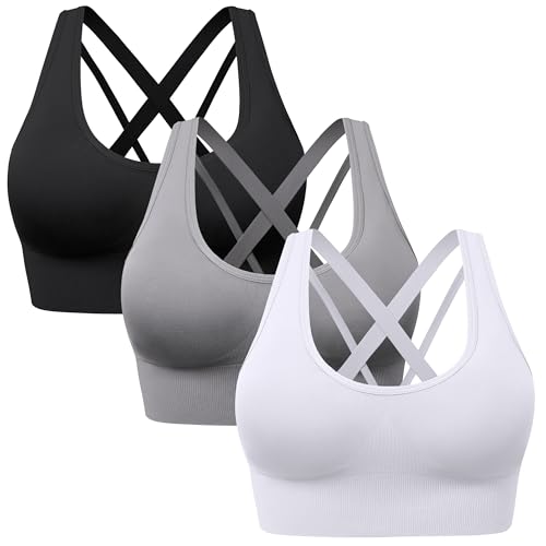 HBselect Sport BH Damen Starker Halt Träger Gekreuzt Rücken Große für Fitness Lauf Yoga Gepolstert Bustier Cross Back Push up BH XL Schwarz Weiß Grau von HBselect