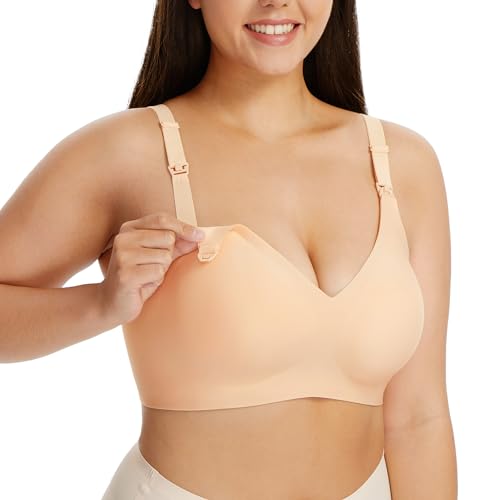 HBselect Still BH ohne Bügel Seidig Schwangerschafts BH Mutterschaft BH Umstands Nahtlos Womens Wireless Bra Womens One Smooth U Underwire Bra Beige von HBselect