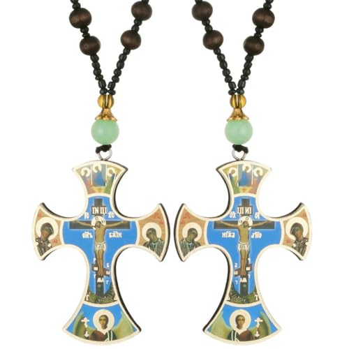 HCAXKFMMXU Kruzifix Jesus Christus Kreuz Ikonen Anhänger Halskette Orthodoxe Holzperlenkette Halskette Gebet Auto hängende Dekoration Schmuck von HCAXKFMMXU