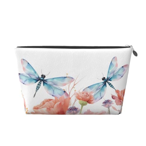 HCBPWVQA Make-up-Tasche aus Leder für Damen, Reise-Kulturbeutel, Aquarell-Blumen mit Libellen, große Make-up-Tasche mit Reißverschluss, silber, Einheitsgröße von HCBPWVQA