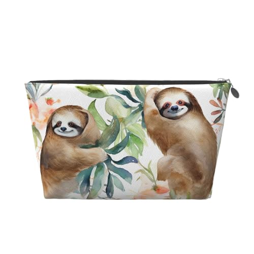 HCBPWVQA Make-up-Tasche aus Leder für Damen, Reise-Kulturbeutel, Aquarell-Faultier-Kosmetiktasche, große Make-up-Tasche mit Reißverschluss, silber, Einheitsgröße von HCBPWVQA