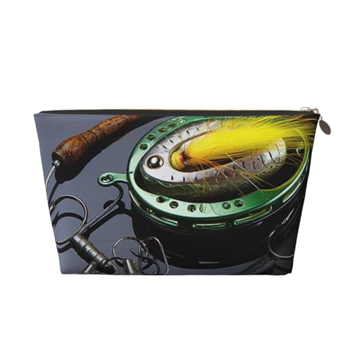 HCBPWVQA Make-up-Tasche aus Leder für Damen, Reise-Kulturbeutel, Fischhaken mit Angelköderrute, Kosmetiktasche, große Make-up-Tasche mit Reißverschluss, Gold, Einheitsgröße von HCBPWVQA