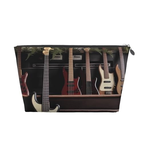 HCBPWVQA Make-up-Tasche aus Leder für Damen, Reise-Kulturbeutel, Gitarre, Bass, Musik, Musikinstrumente, Kosmetiktasche, große Make-up-Tasche mit Reißverschluss, silber, Einheitsgröße von HCBPWVQA