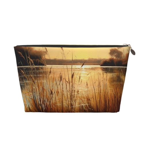 HCBPWVQA Make-up-Tasche aus Leder für Damen, Reise-Kulturbeutel, Motiv: Schilf am Fluss, große Make-up-Tasche mit Reißverschluss, Gold, Einheitsgröße von HCBPWVQA