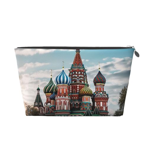 HCBPWVQA Make-up-Tasche aus Leder für Damen, Reise-Kulturbeutel, St. Basilikum-Kathedrale, quadratisch, in Moskau, Kosmetiktasche, große Make-up-Tasche mit Reißverschluss, silber, Einheitsgröße von HCBPWVQA