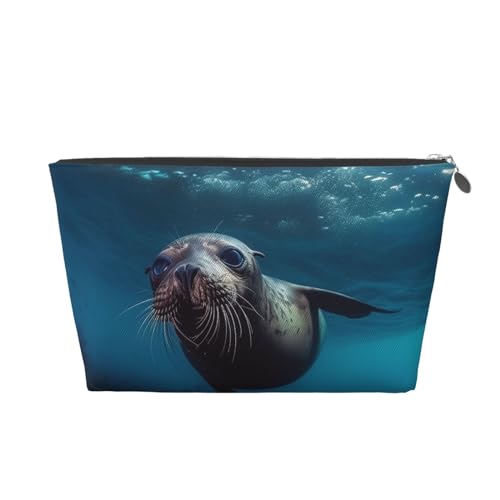 HCBPWVQA Make-up-Tasche aus Leder für Damen, Reise-Kulturbeutel, Unterwasser-Seelöwe, Kosmetiktasche, große Make-up-Tasche mit Reißverschluss, silber, Einheitsgröße von HCBPWVQA