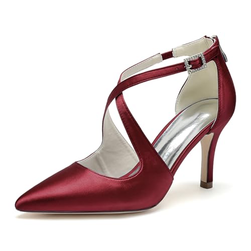 Burgundy,39 EU,Frauen High Heels Pumps mit Knöchelriemen Stain Hochzeit Party Brautschuhe von HCDZF