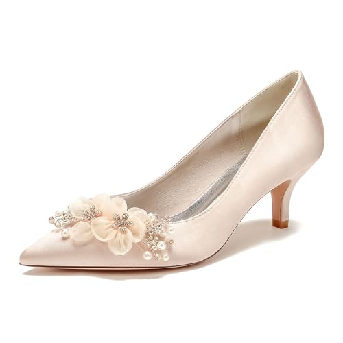 Damen Brautschuhe Closed Toe Spitze Satin Pumps Satin Hochzeitsschuhe,Champagne,37 EU von HCDZF