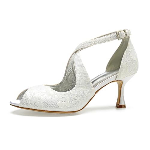 Elfenbein,41 EU,Damen Hochzeit Braut Spitze High Heels Peep Toe Court Brautschuhe von HCDZF