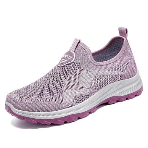 HCDZF Atmungsaktive Mesh-Flats für Frauen Bequeme Slip On Gestrickte Freizeit-Wanderschuhe,Lila,39 EU von HCDZF