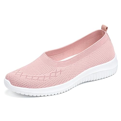 HCDZF Atmungsaktive Mesh-Flats für Frauen Bequeme Slip On Gestrickte Freizeit-Wanderschuhe,Rosa,40 EU von HCDZF