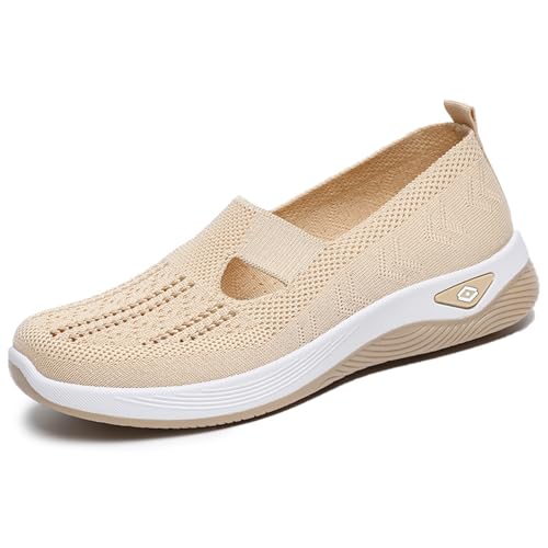 HCDZF Atmungsaktive Strick-Slip-On-Turnschuhe für Damen Leichte Bequeme Wanderschuhe,Beige,40 EU von HCDZF