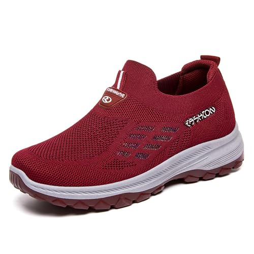HCDZF Atmungsaktive Turnschuhe für Damen Strick-Slip-On Freizeit-Wanderschuhe,Rot,35 EU von HCDZF