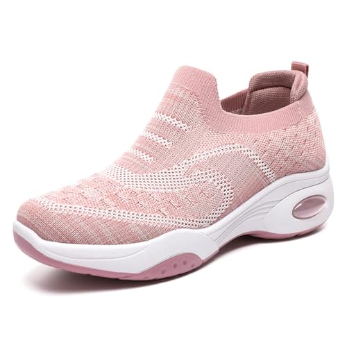 HCDZF Atmungsaktive gestrickte Flache Schuhe für Damen Bequemer Slip On Casual Sneaker Wanderschuhe,Rosa,38 EU von HCDZF